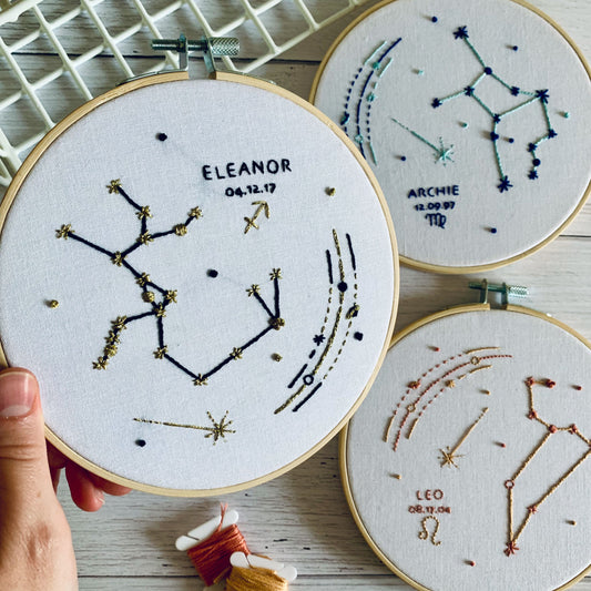 Full embroidery kit. Custom birthday star sign zodiac constellation hoop art. Choose your sign, name and colours. Beginner hand sewing