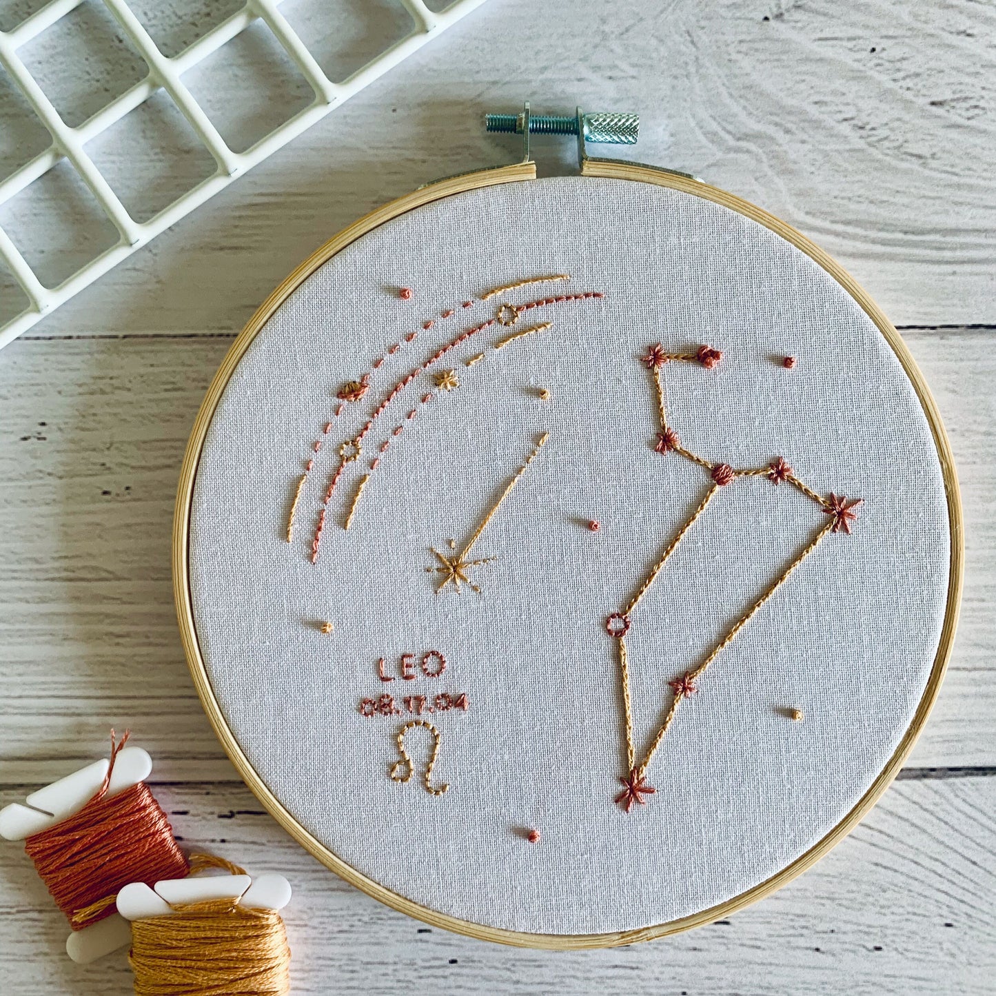 Full embroidery kit. Custom birthday star sign zodiac constellation hoop art. Choose your sign, name and colours. Beginner hand sewing