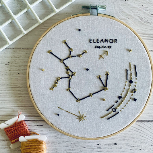 Digital download. Custom birthday Star sign zodiac embroidery hoop art PDF pattern with instructions. Constellation wall art project