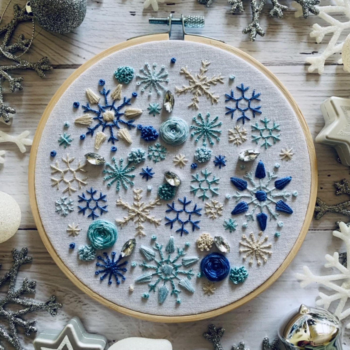 Full embroidery kit. Snowflake DIY modern hoop art. Creative winter craft gift for adult mindfulness.