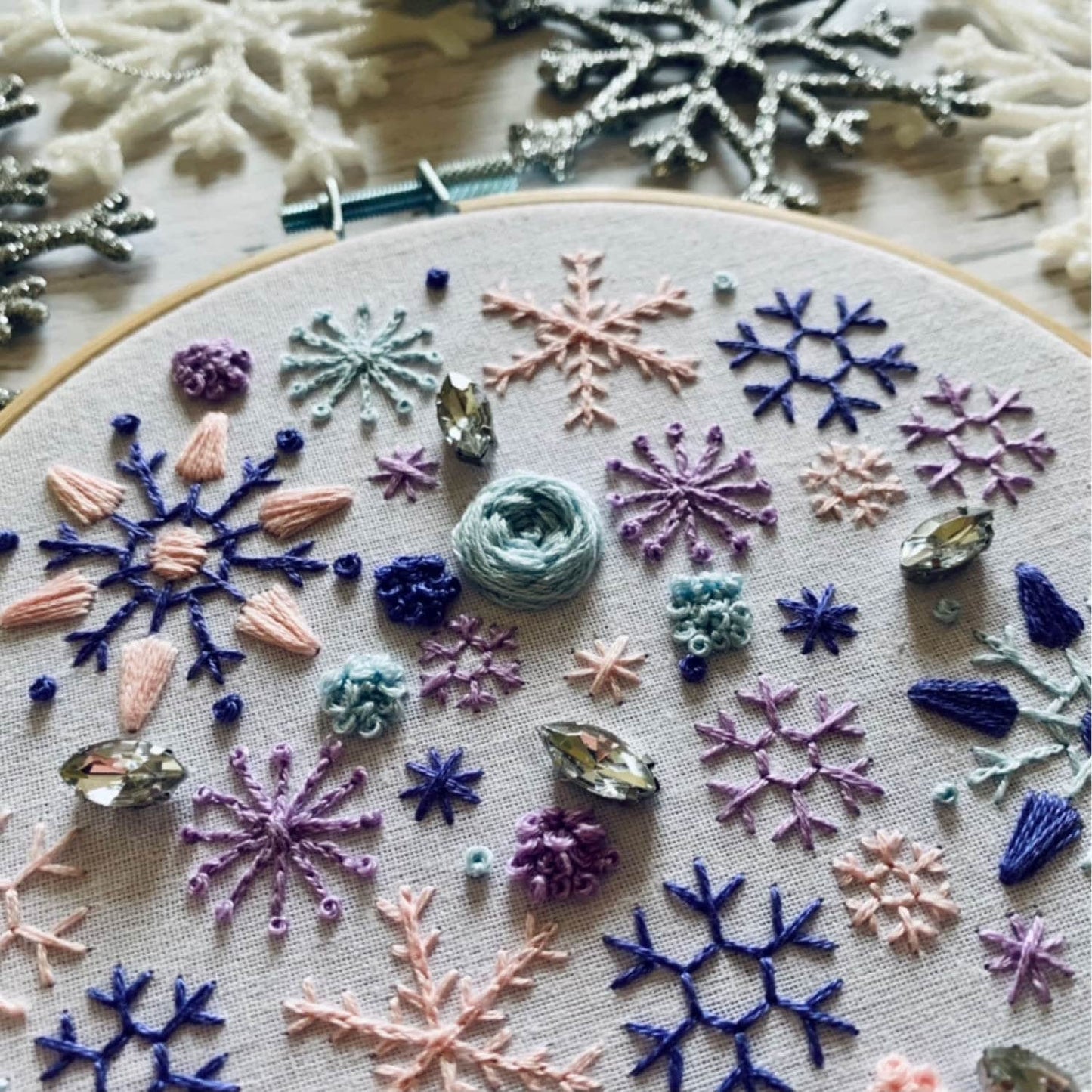 Full embroidery kit. Snowflake DIY modern hoop art. Creative winter craft gift for adult mindfulness.