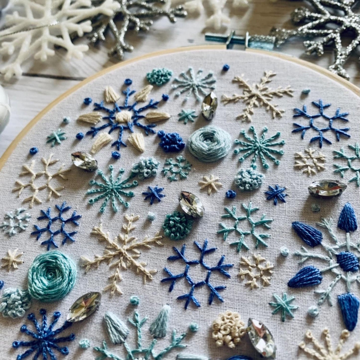 Full embroidery kit. Snowflake DIY modern hoop art. Creative winter craft gift for adult mindfulness.