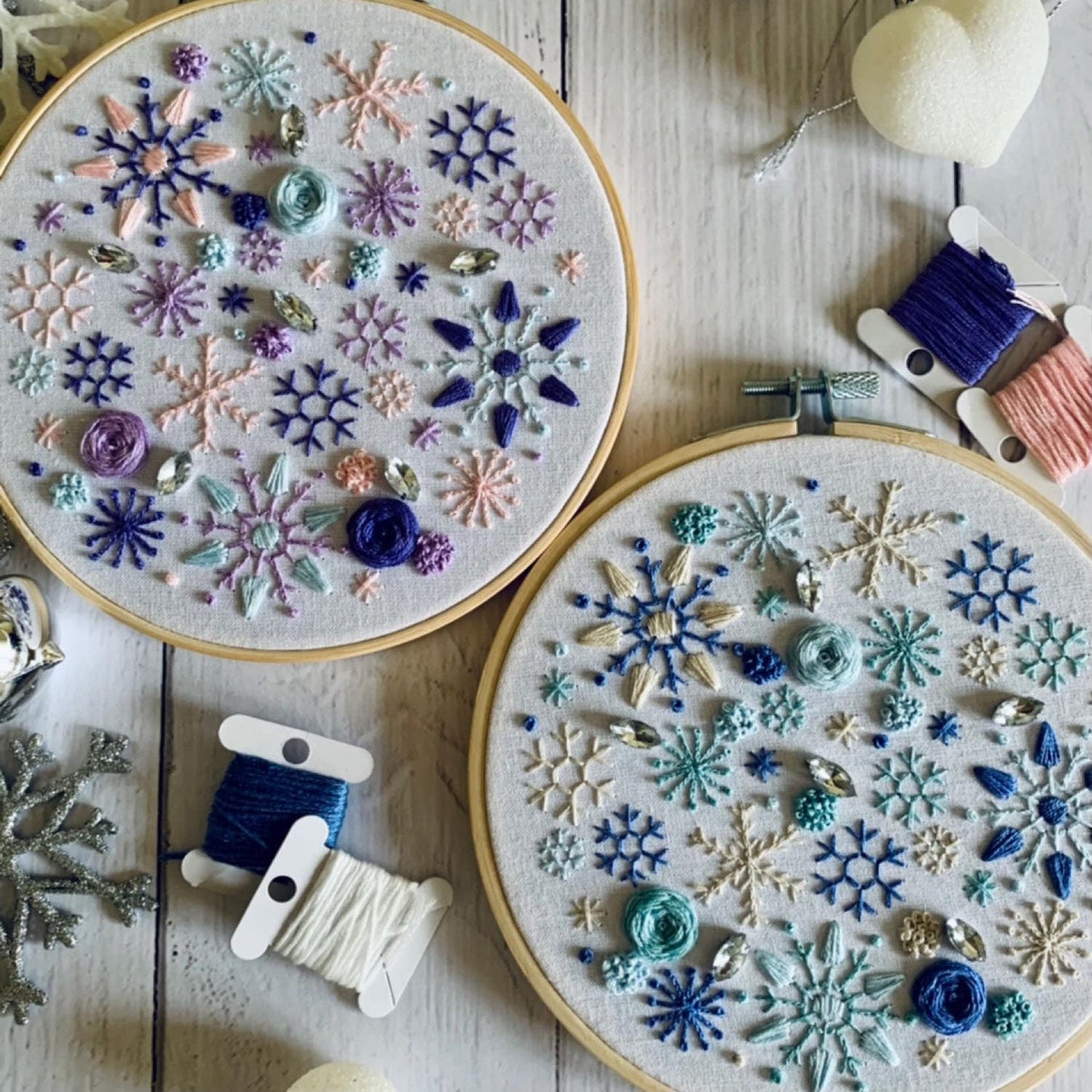 Full embroidery kit. Snowflake DIY modern hoop art. Creative winter craft gift for adult mindfulness.