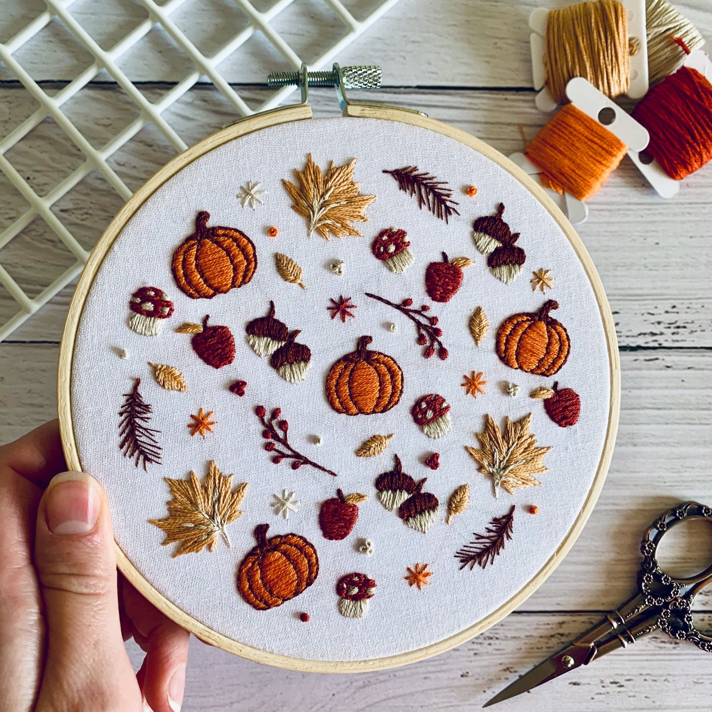 Digital download. Autumnal fall embroidery hoop art PDF pattern with instructions.  Mushroom woodland beginner crewel wall decor project