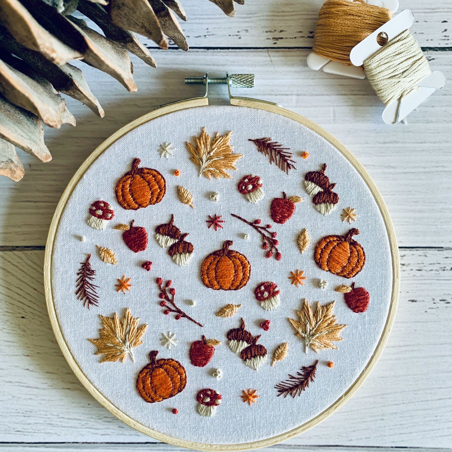 Digital download. Autumnal fall embroidery hoop art PDF pattern with instructions.  Mushroom woodland beginner crewel wall decor project