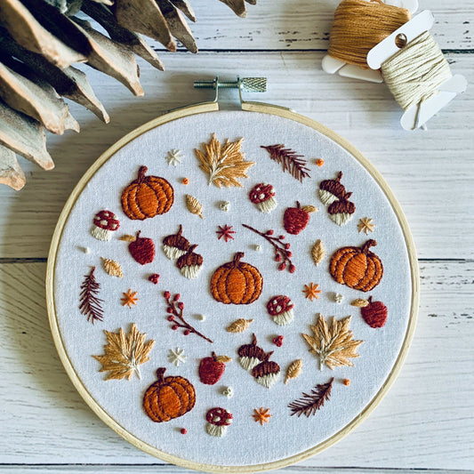 Digital download. Autumnal fall embroidery hoop art PDF pattern with instructions.  Mushroom woodland beginner crewel wall decor project