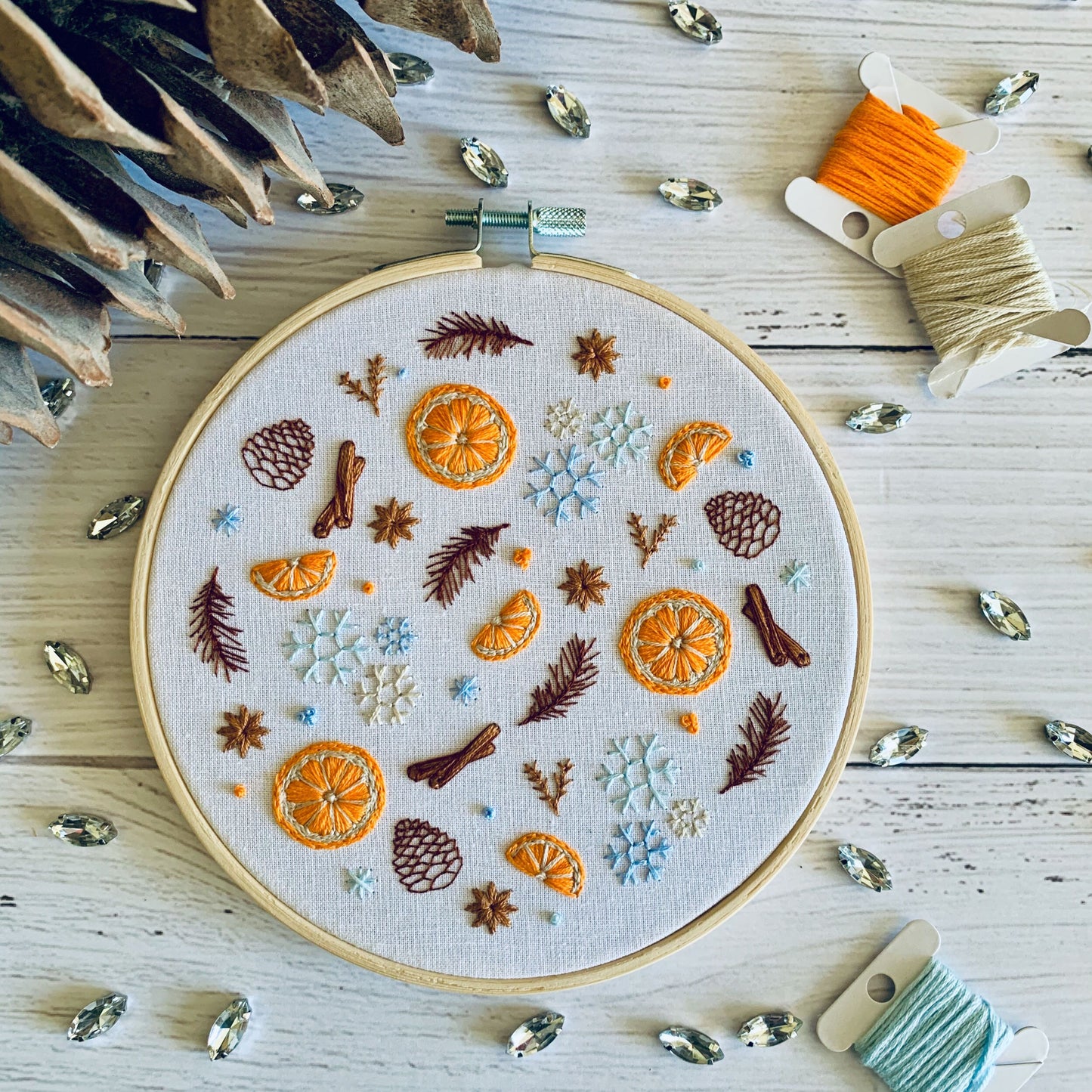 Full embroidery kit. Winter spices and orange slices DIY beginner craft. Adult woodland snowflake anxiety/stress relief gift