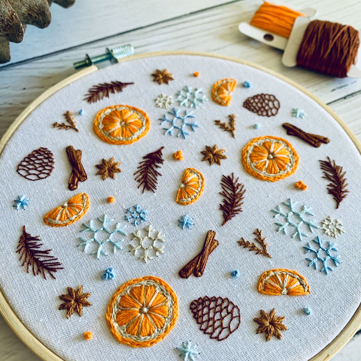 Full embroidery kit. Winter spices and orange slices DIY beginner craft. Adult woodland snowflake anxiety/stress relief gift