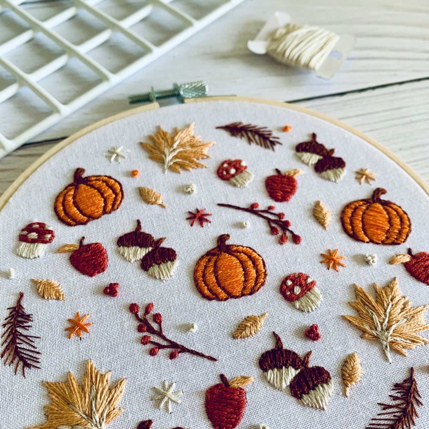 Digital download. Autumnal fall embroidery hoop art PDF pattern with instructions.  Mushroom woodland beginner crewel wall decor project