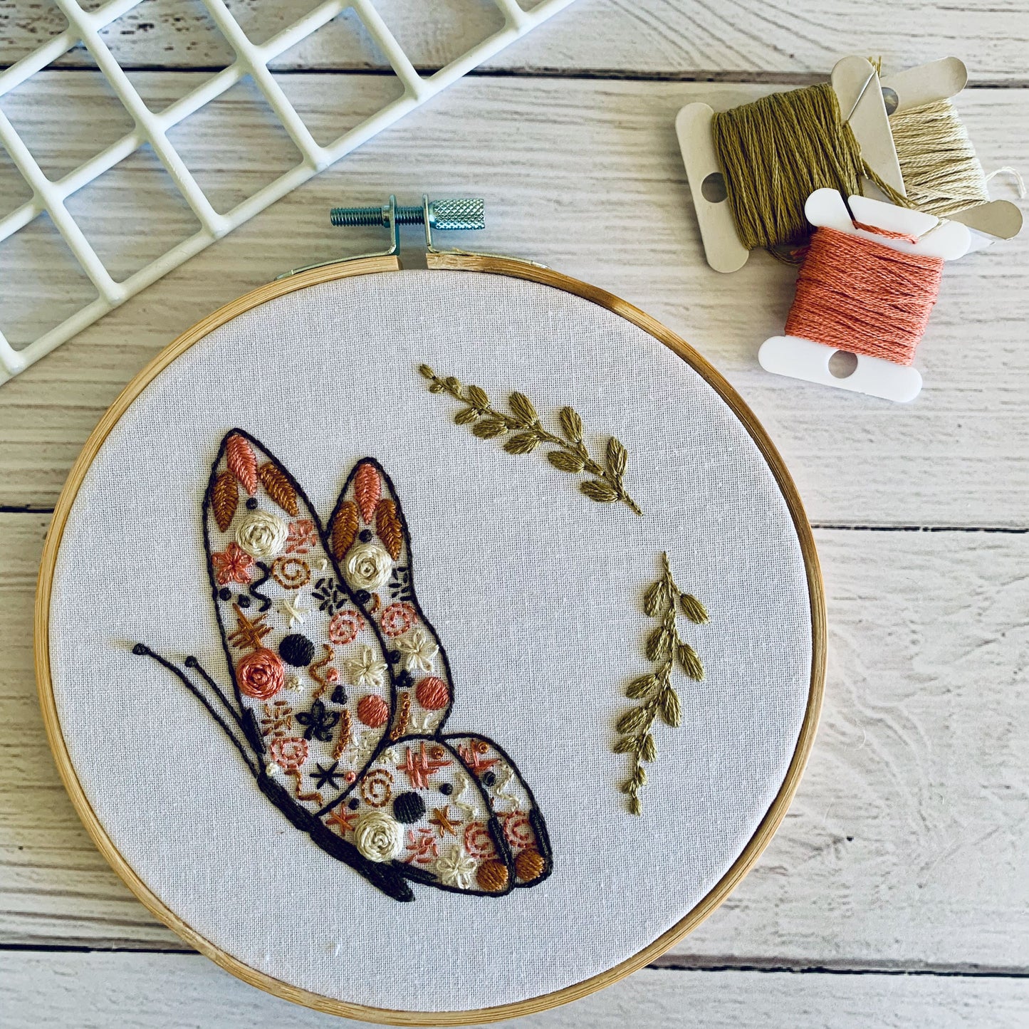 Full embroidery kit.  Butterfly hoop DIY beginner craft. Adult animal anxiety/stress relief gift