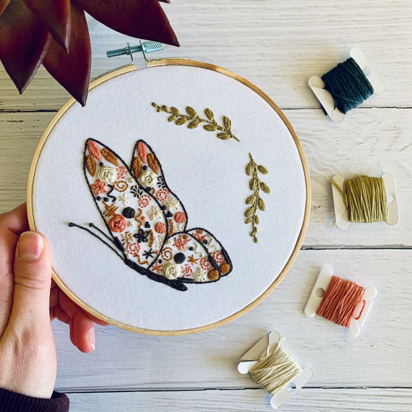 Full embroidery kit.  Butterfly hoop DIY beginner craft. Adult animal anxiety/stress relief gift