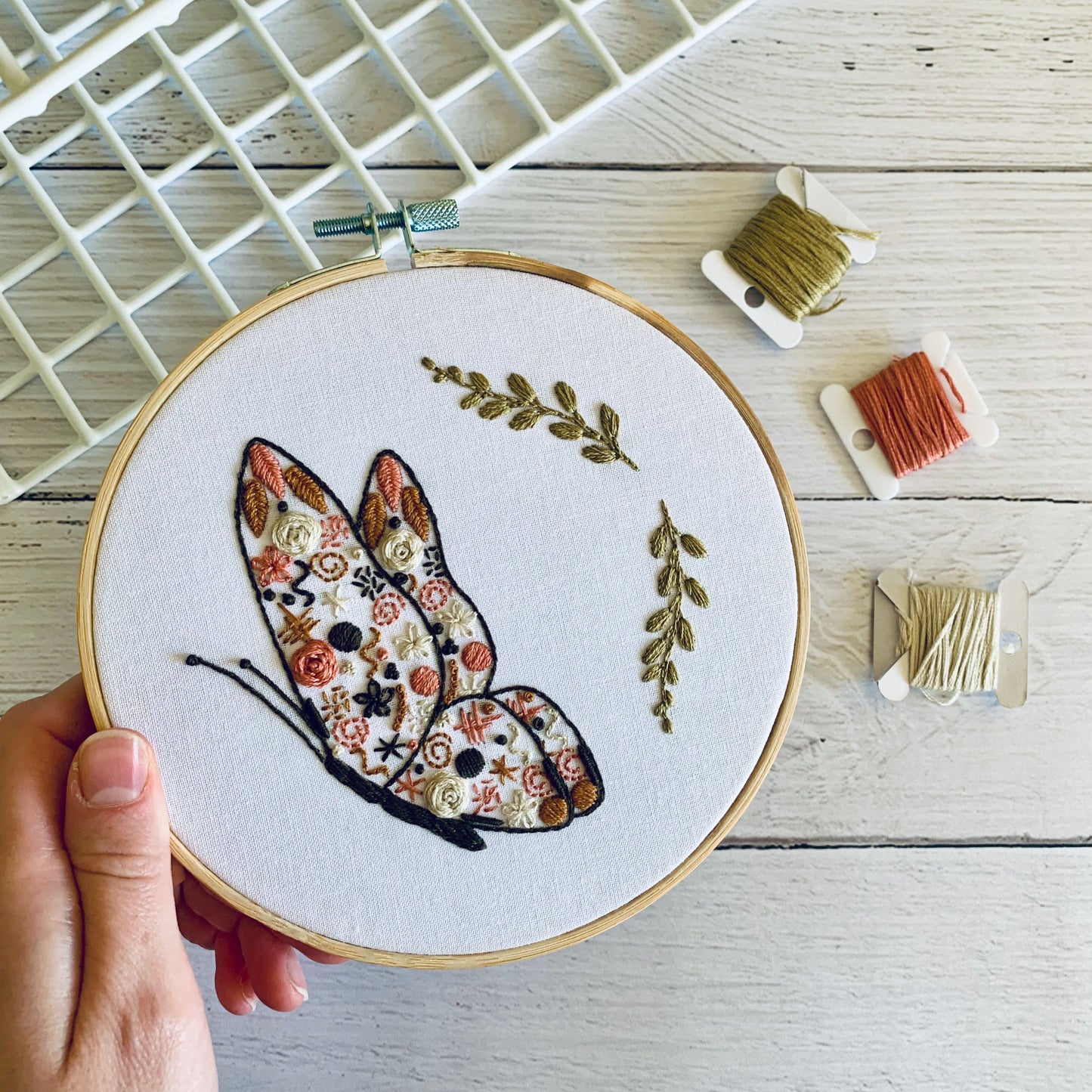 Full embroidery kit.  Butterfly hoop DIY beginner craft. Adult animal anxiety/stress relief gift