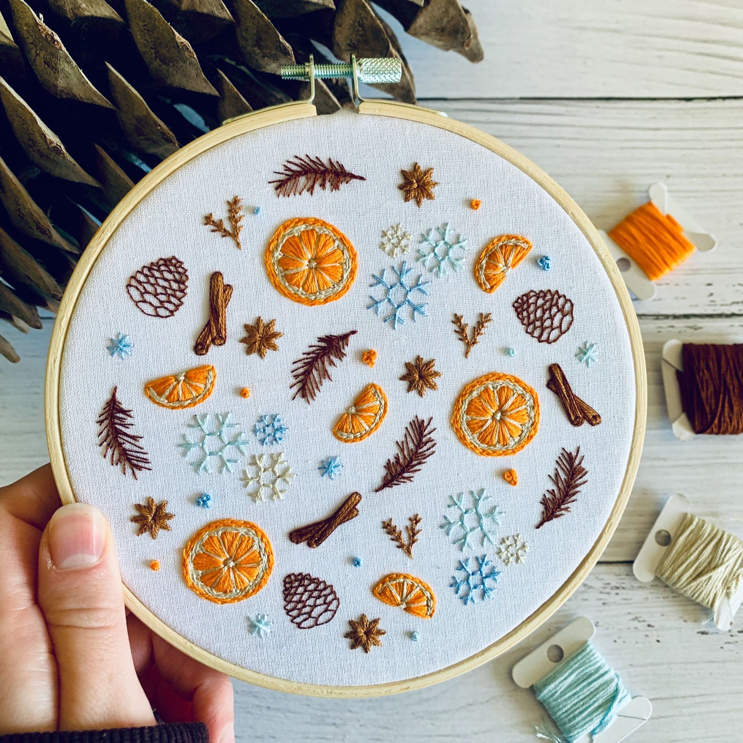 Full embroidery kit. Winter spices and orange slices DIY beginner craft. Adult woodland snowflake anxiety/stress relief gift