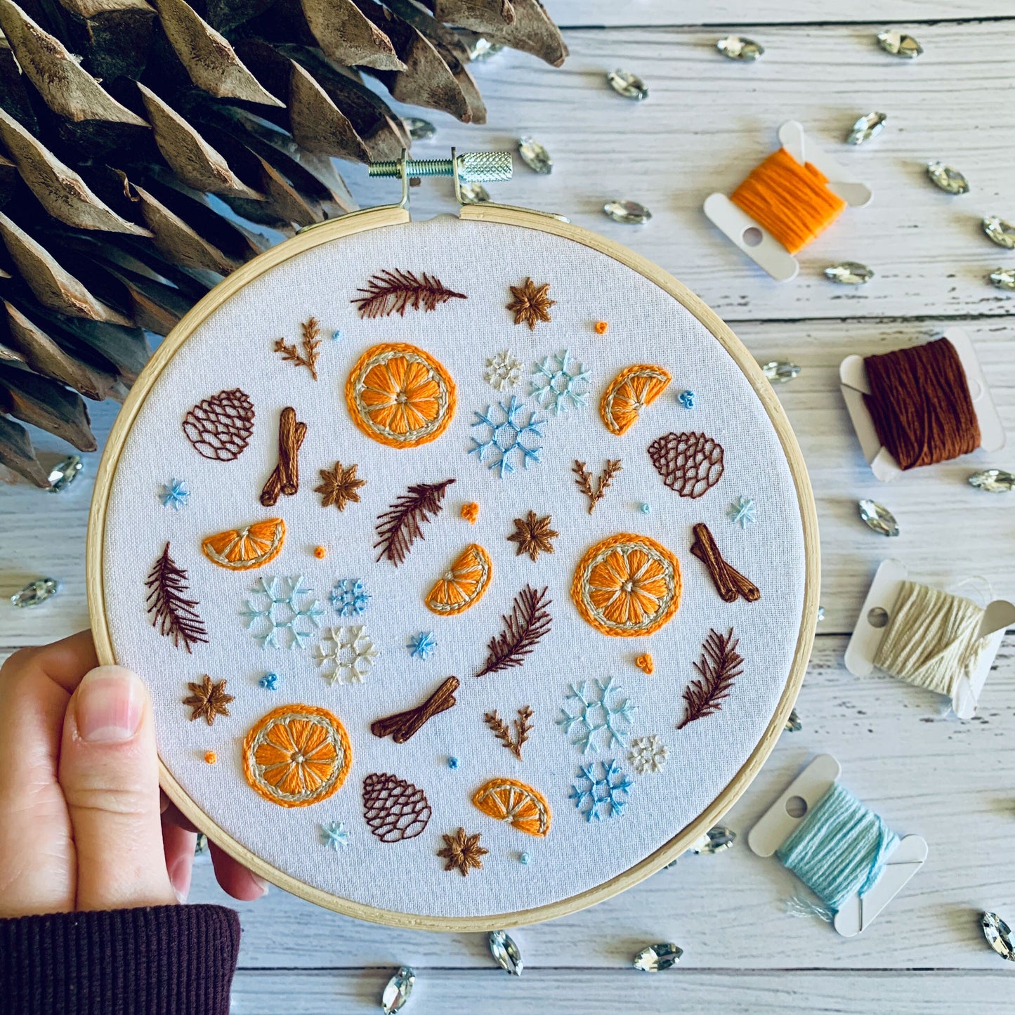 Full embroidery kit. Winter spices and orange slices DIY beginner craft. Adult woodland snowflake anxiety/stress relief gift