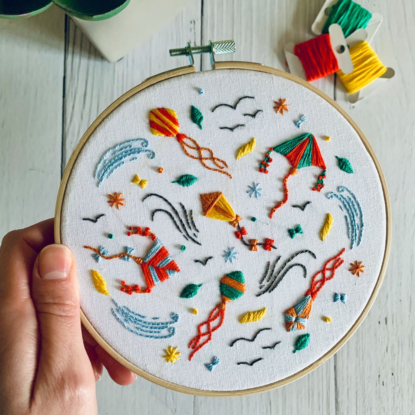 Full embroidery kit.  Flying kites DIY beginner craft. Choose your design. Adult birds anxiety/stress relief gift