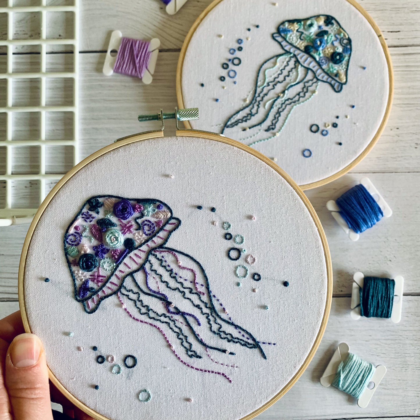 Full embroidery kit. Jellyfish DIY beginner hoop art craft. Adult anxiety/stress relief sea life ocean gift