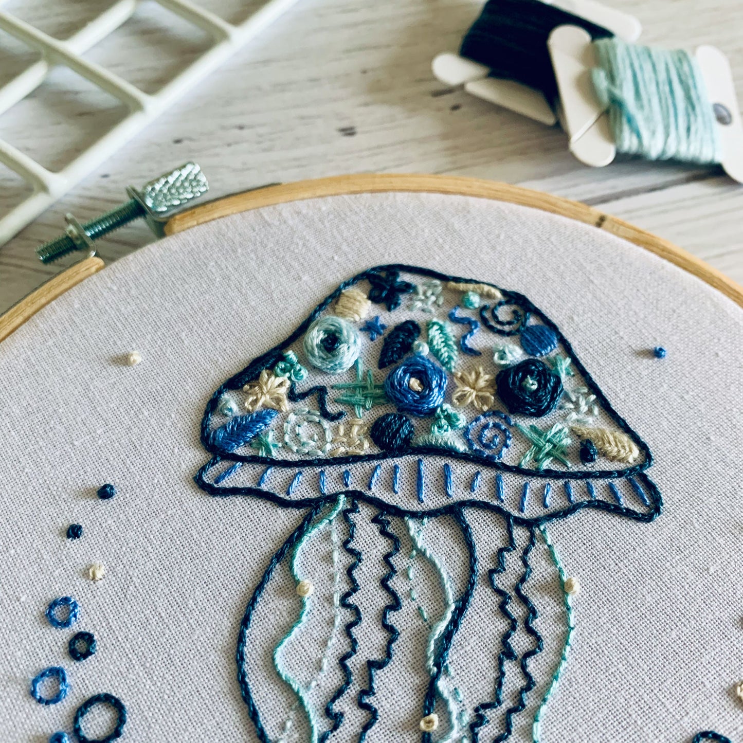 Full embroidery kit. Jellyfish DIY beginner hoop art craft. Adult anxiety/stress relief sea life ocean gift