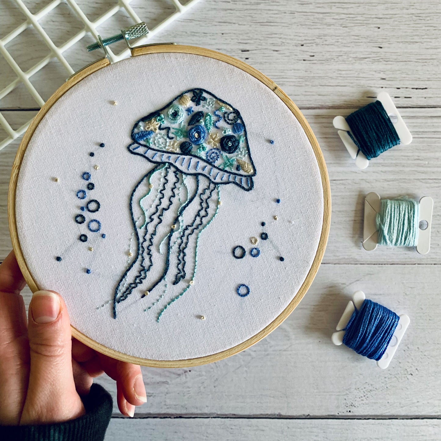 Full embroidery kit. Jellyfish DIY beginner hoop art craft. Adult anxiety/stress relief sea life ocean gift