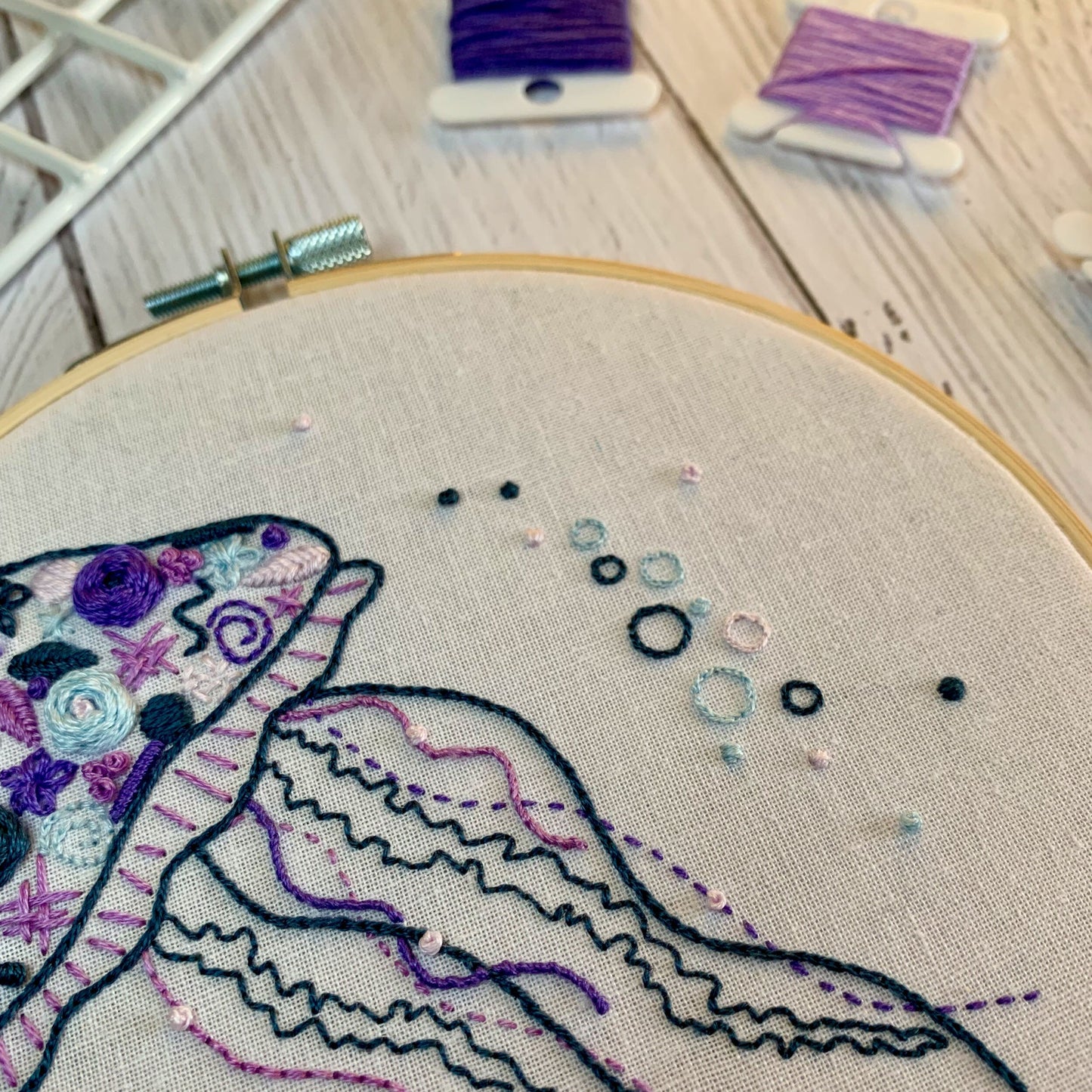 Digital download. Jellyfish embroidery hoop art PDF pattern with instructions.  Sea life, sea animal beginner crewel wall decor project