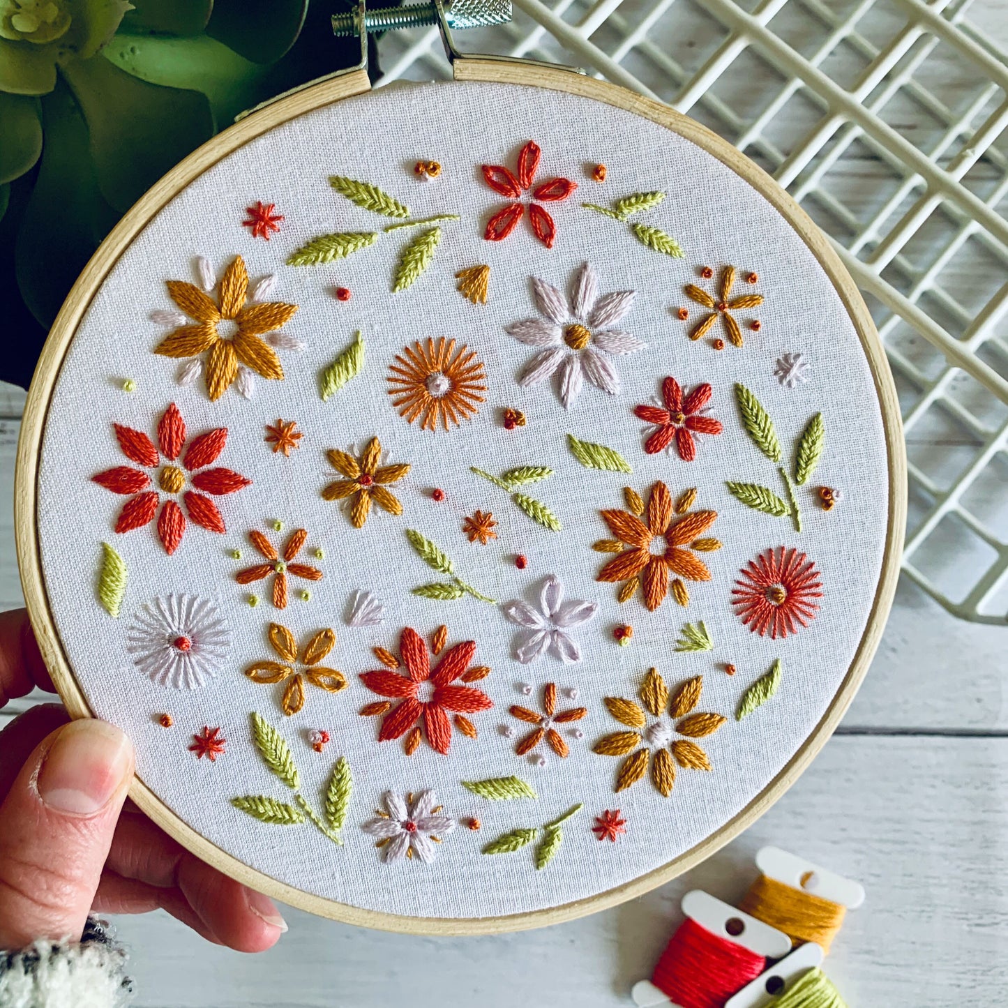 Digital download. Spring floral embroidery hoop art PDF pattern with instructions.  Summer flowers beginner crewel wall decor project