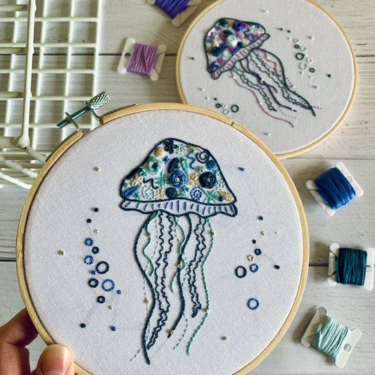 Full embroidery kit. Jellyfish DIY beginner hoop art craft. Adult anxiety/stress relief sea life ocean gift