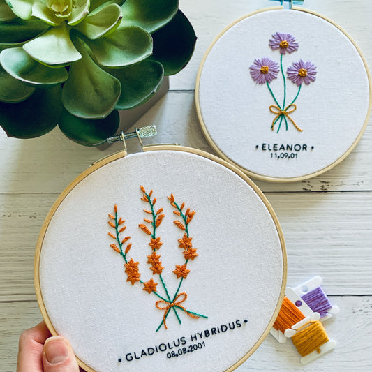 Full embroidery kit. Custom birthday florals hoop art. Choose your birth month flower, name and date. Beginner hand sewing gift or project.