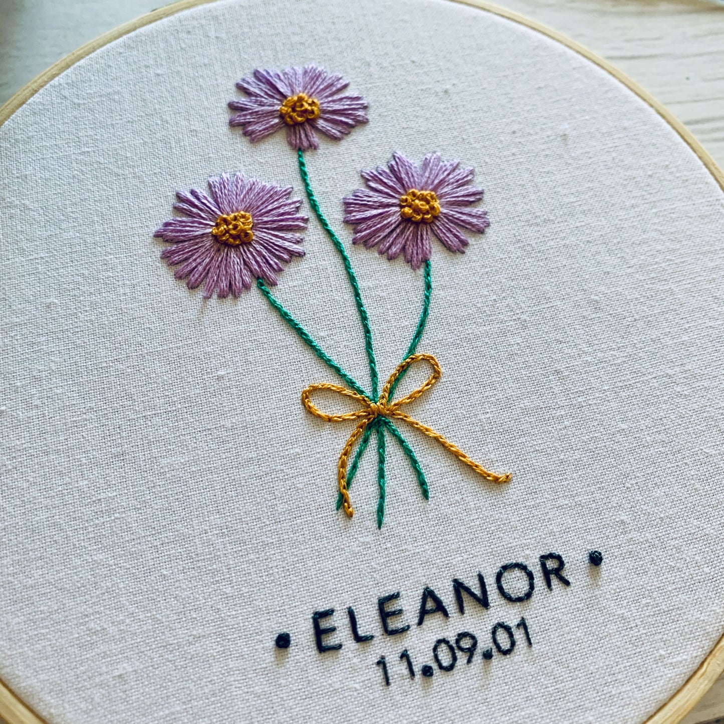 Digital download. Custom birth month floral embroidery hoop art PDF pattern with instructions. Birthday wall art project.