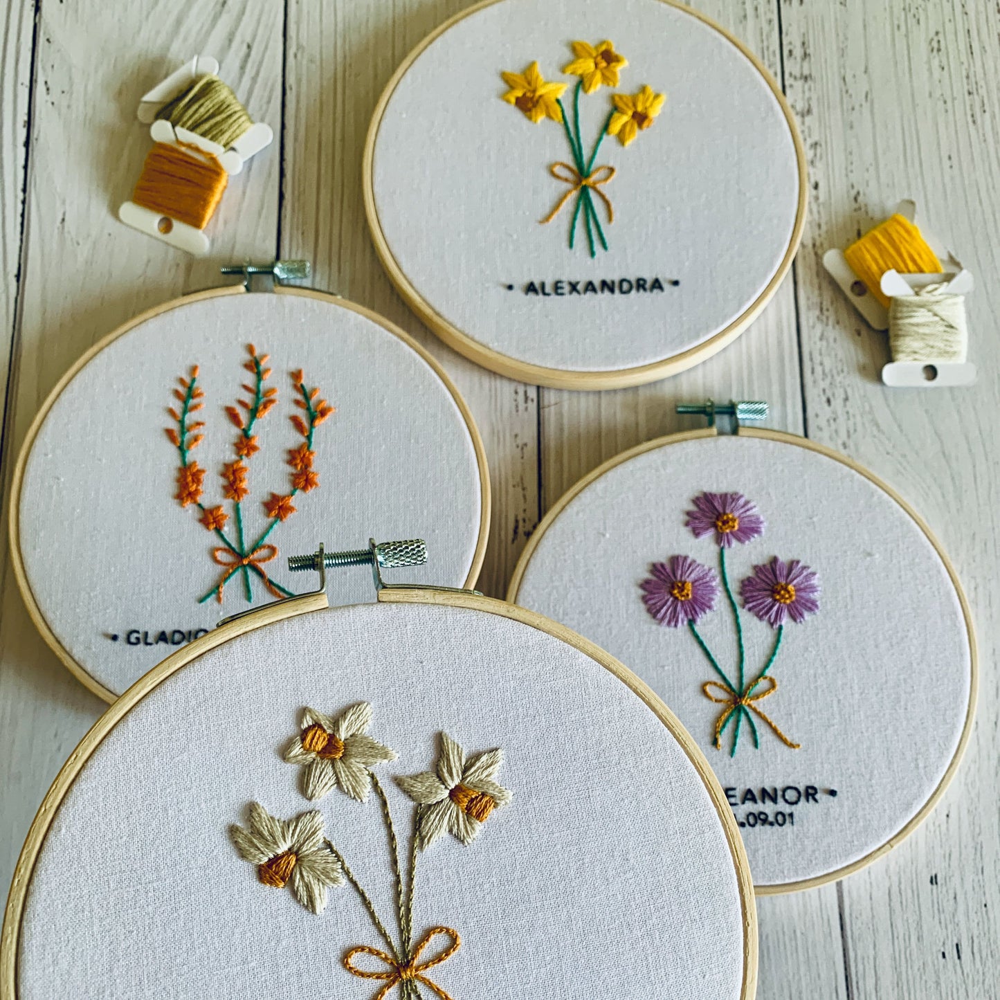 Full embroidery kit. Custom birthday florals hoop art. Choose your birth month flower, name and date. Beginner hand sewing gift or project.