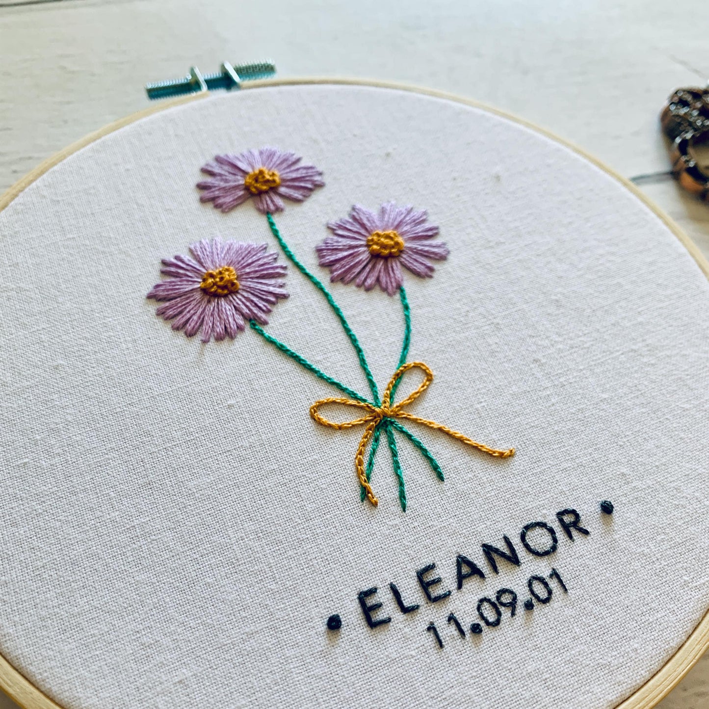 Full embroidery kit. Custom birthday florals hoop art. Choose your birth month flower, name and date. Beginner hand sewing gift or project.